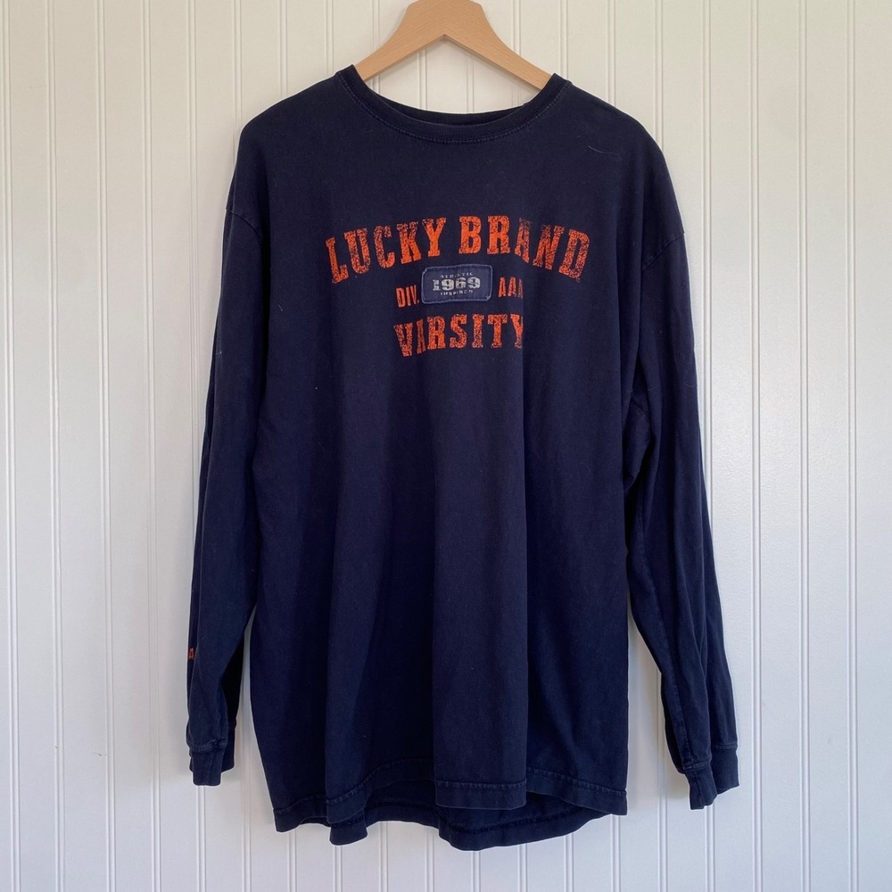 Vintage Lucky Brand Mens Y2K Long Sleeve T Shirt Size XXL Spell Out Retro Preppy